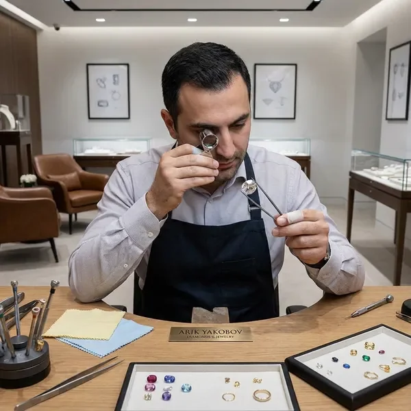 צורף מקצועי בודק יהלום איכותי עם זכוכית מגדלת בסדנה מקצועית
