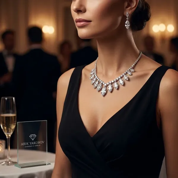 אישה מרשימה עם שרשרת יהלומים ועגילים תואמים באירוע יוקרתי