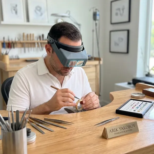 צורף מיומן עובד על עיצוב צמיד זהב מותאם אישית עם כלים מדויקים